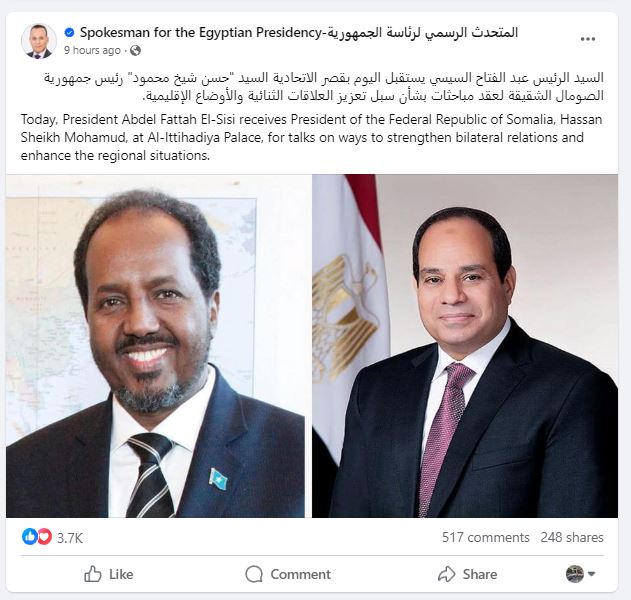 الرئيس المصري عبد الفتاح السيسي مع نظيره الصومالي حسن شيخ محمود في القاهرة