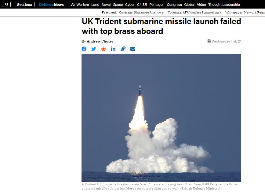 فشل إطلاق صاروخ ترايدنت النووي البريطاني